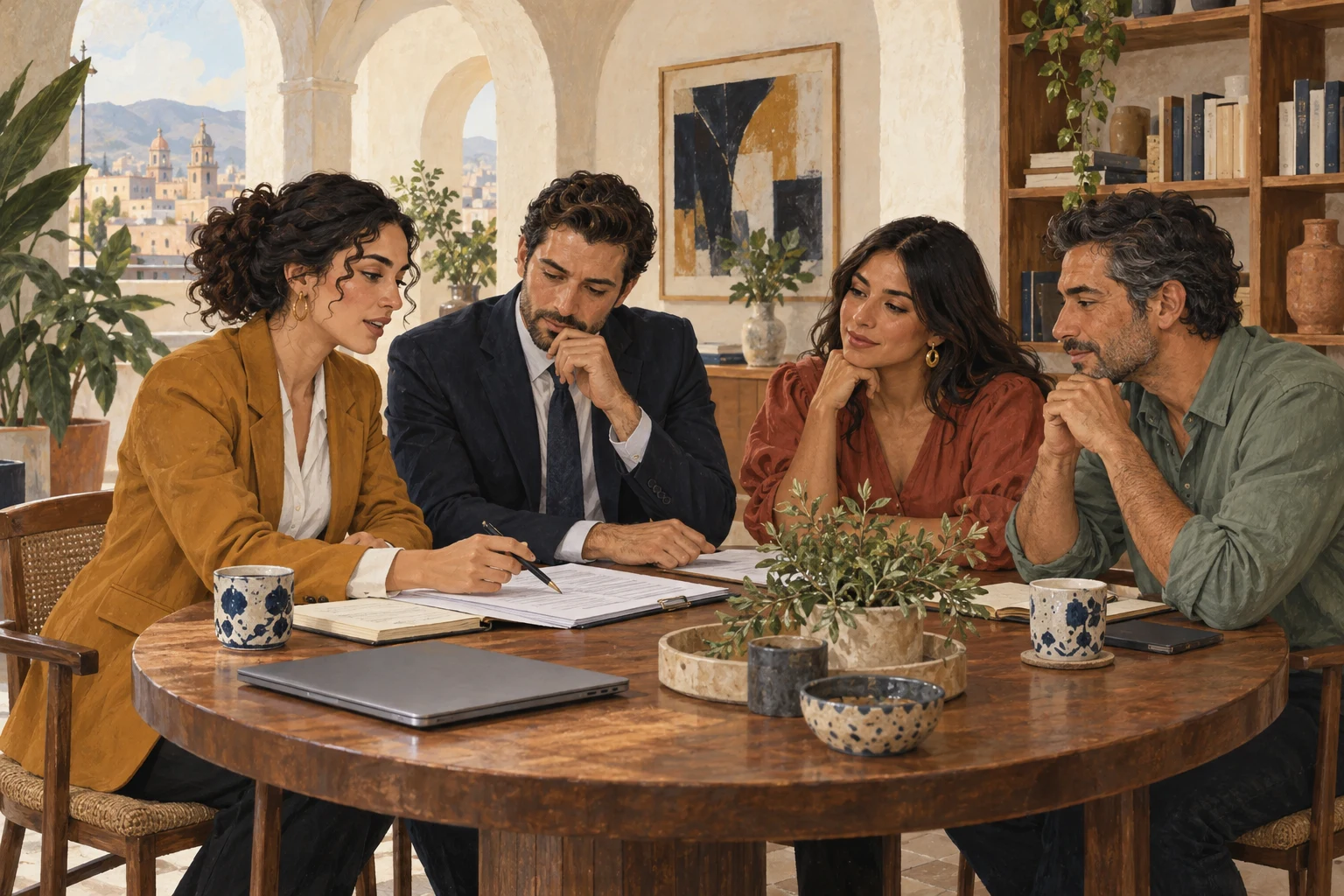Ilustración de cuatro personas revisando un acuerdo comercial