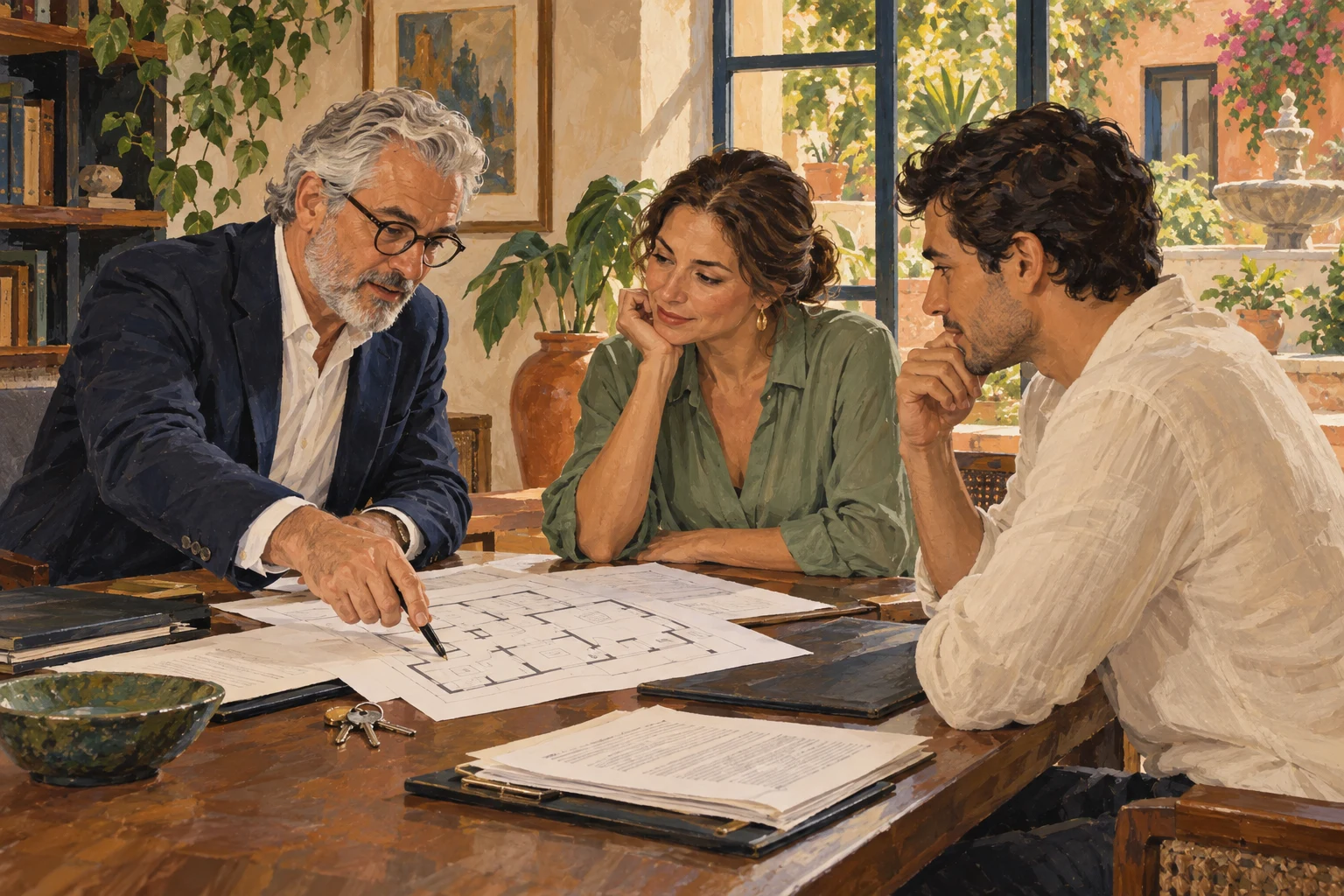 Ilustración de un abogado revisando documentos de una propiedad con dos clientes